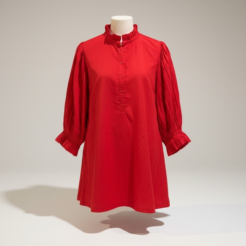 SOVERE / Red Ruffle High‎ Neck Puff Sleeve Mini Dress Size M Tie Back Cotton